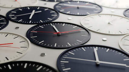 time management concept with multiple analog clock faces arranged on a clean white surface representing precision deadlines and strategic business.