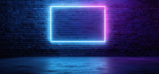 Neon square over brick wall reflecting on the floor