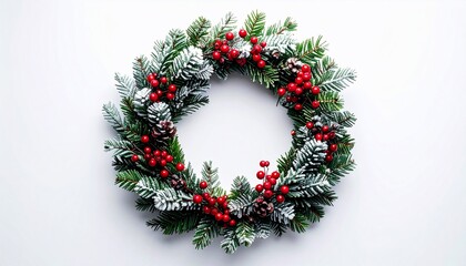 Festive evergreen wreath with red berries, pinecones, & snowy accents, centered on white