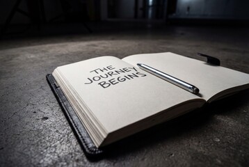 Open journal with text the journey begins and silver pen resting on dark textured concrete floor