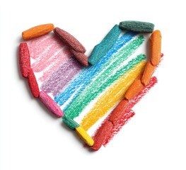 Crayon heart pastel scribbles enclosed by colorful crayon pieces on white