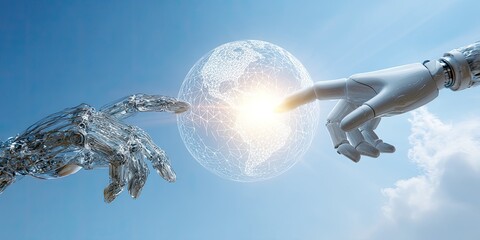 Robot hands touch over earth-like sphere in blue sky