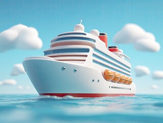 Cartoon cruise ship sailing on blue water, with fluffy clouds in the sky