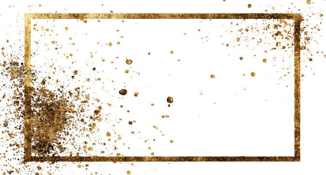 Gold sparkle splatter border . Gold Foil Frame Gold brush stroke on carved gilded frame isolated on white background. Vintage golden rectangle frame for photo.