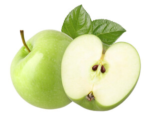 green apple with leaves and half isolated, transparent PNG, PNG format, cut out