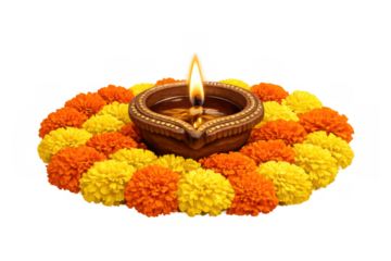 Traditional clay diya oil lamp with burning flame, surrounded by vibrant marigold flowers for diwali celebration on transparent background