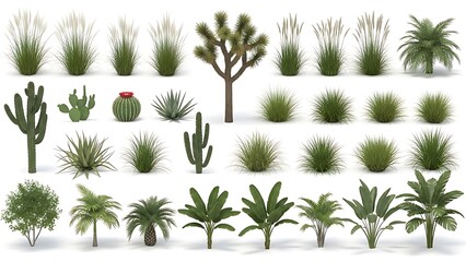 Collection of various green plants and cacti isolated on white background