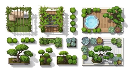 Collection of various green plants and trees in different settings isolated on white background