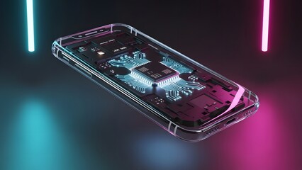 A futuristic transparent smartphone floating in mid-air