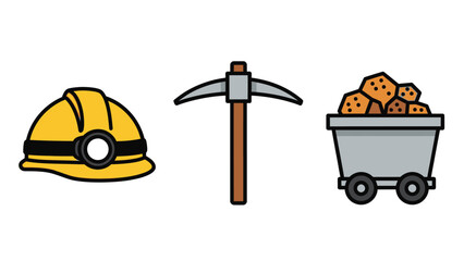 Collection of Essential Mining Industry Tools and Equipment Collection: Hard Hat, Pickaxe, and Ore Cart Graphic Set