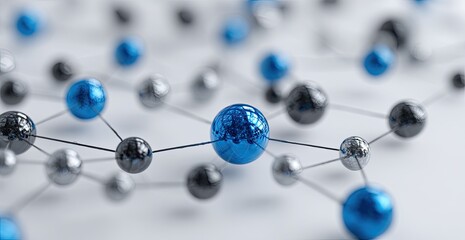 Abstract network of blue, silver, and black spheres connected by lines