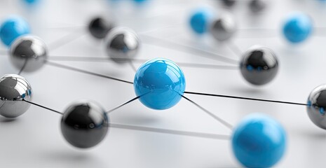 Linked spheres, blue and silver, connected by lines. Abstract network