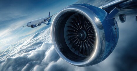 Airplane engine over clouds, another plane visible