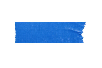 Blue adhesive tape strip with textured surface and torn edge, patching or fixing element on transparent background