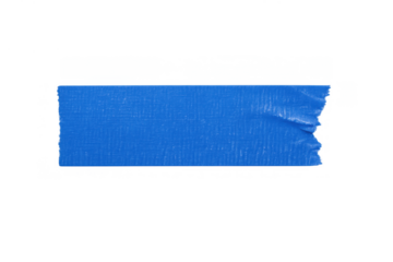 Blue adhesive tape strip with textured surface and torn edge, patching or fixing element on transparent background