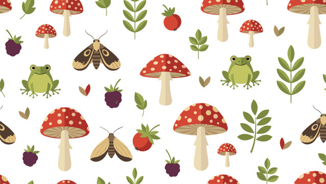 A charming seamless pattern featuring cute green frogs, fly agaric mushrooms, moths, and berries on a clean white background.