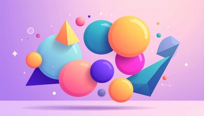 Vibrant 3D Shapes and Spheres in Purple Background.