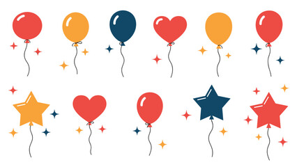 Obraz premium A festive collection of colorful party balloons in round, heart, and star shapes, decorated with sparkles for any celebration.