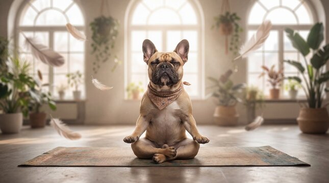 Funny French Bulldog Doing Yoga Meditation Pose in Studio