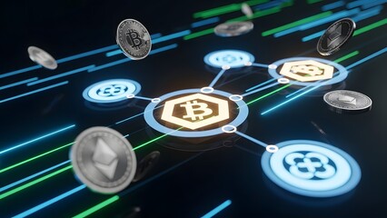 Abstract digital finance concept, glowing blockchain symbols