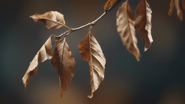Close Up Of Dry Autumn Leaves On A Tree Branch With A Dark Moody Blurred Background