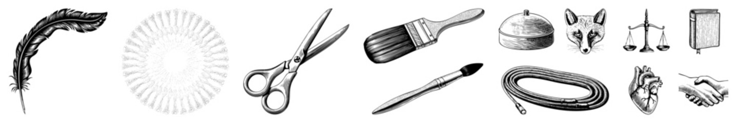 Vintage Sketch Collection Featuring Feather, Scissors, Paintbrush, and More