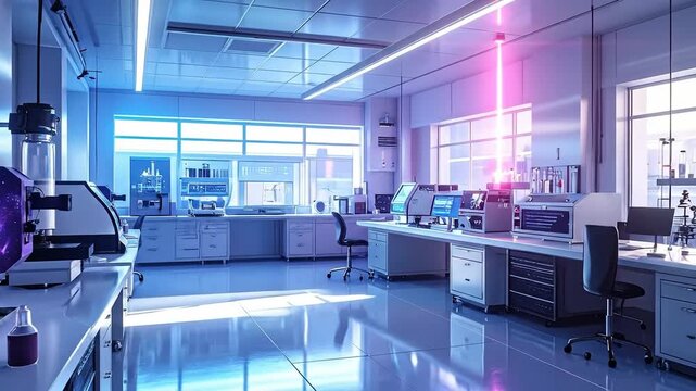 Modern laboratory interior with advanced equipment, illuminated by neon lights and bathed in sterile white.