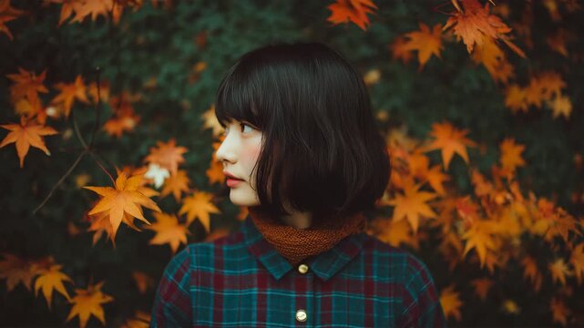 秋背景で笑顔を見せる女子学生の人物写真