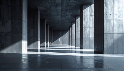 Long, concrete corridor, lit by dramatic light and shadow