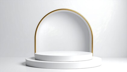 Elegant white podium with golden arch for product display and presentation.
