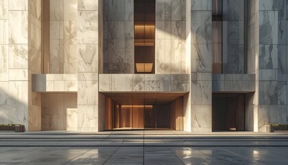 Modern building facade with golden lit entrance and marble walls