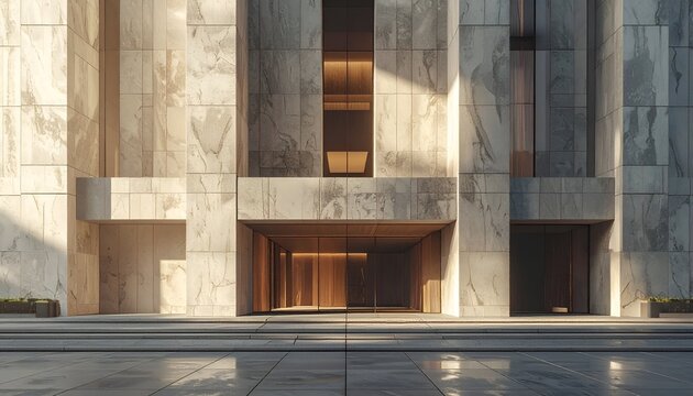 Modern building facade with golden lit entrance and marble walls