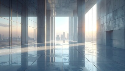 Modern interior of a building with sunlight shining through windows