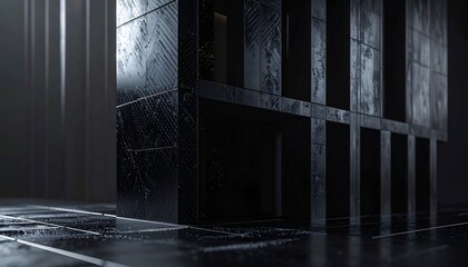 Abstract architectural structure with dark, textured surfaces and pillars