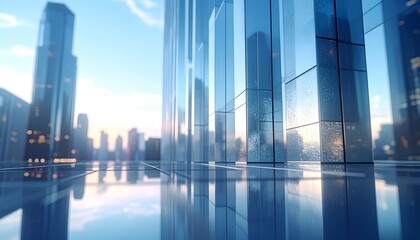 Modern glass skyscrapers reflect a city's dawn