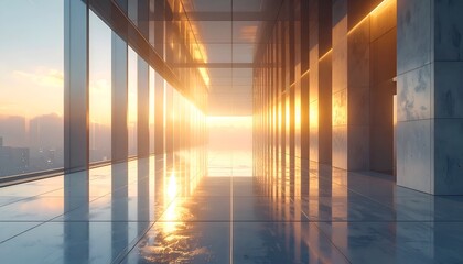 Long hallway with sunlight shining through windows and open end