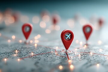 A red dot with an airplane on it is placed on a map. background transportation concept.