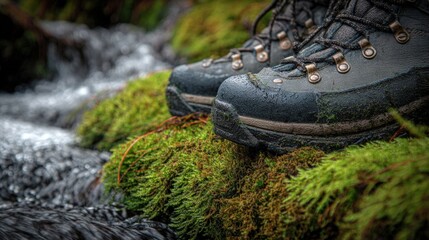 Hiking boots near flowing stream