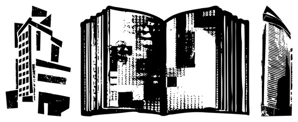 Obraz premium Open Book Illustrating Urban Skyscrapers and Cityscape Architecture