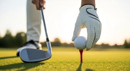 Golfer prepares to swing on lush green course at sunset