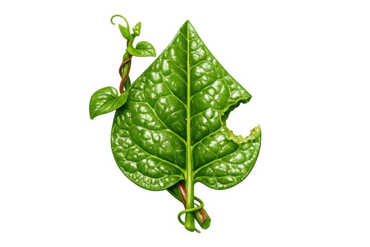 Malabar spinach leaf basella alba showing an insect bite mark, fresh organic green vegetable foliage on transparent background