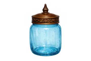 Blue glass jar with ornate bronze antique lid, vintage decorative canister for storage or home decor, transparent background