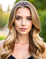 Naklejka premium Portrait of a woman with blonde hair and green eyes, smiling slightly