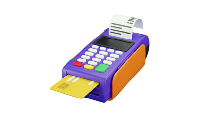 3D Render of a Purple Credit Card Machine with a Yellow Card and Receipt
