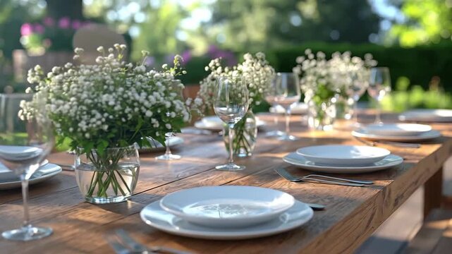 Elegant outdoor dining setup with wooden table, white plates, and delicate floral arrangements.