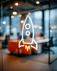 White Rocket Launch Icon on Transparent Digital Screen with Blurred Workstation Background Glow