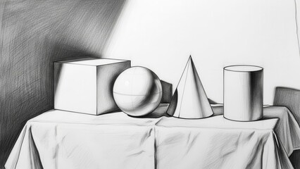 Pencil Drawing Still Life: Geometric Shapes, Light and Shadow Study