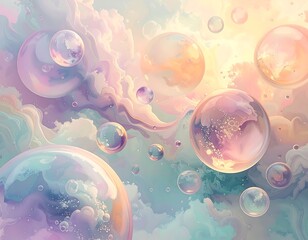 Pastel clouds and floating bubbles