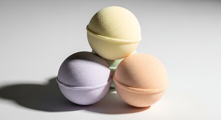 Three colorful bath bombs on a white surface, illuminated by bright light