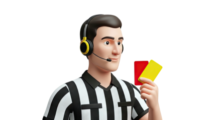 Cartoon Soccer Referee Holding Red and Yellow Cards with Headphones